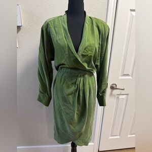Vintage Gillian 100% Silk Green Wrap Dress | Long Sleeve | Project Piece